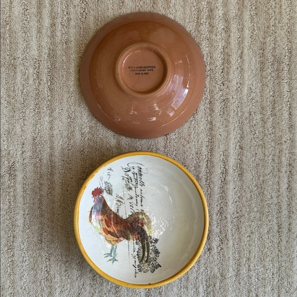 Set of 2 Williams Sonoma Rooster Script Individual Dipping Bowls Italy Farmhouse